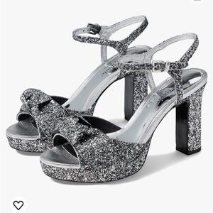 NWT Kate Spade Miya Glitter Bow Black/Silver Platform Sandal Heels.  Size 9.5